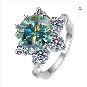 Elegant Green Flower Silver and Green Gemstone Ring Moissanite Certificate